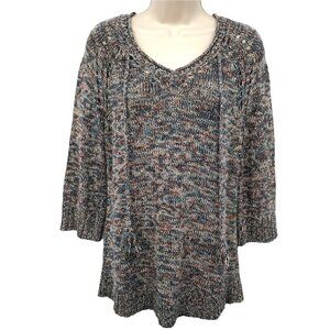 Sonoma Womens V Neck Tassle Tie Neck 3/4 Sleeve Multicolor Sweater Size S